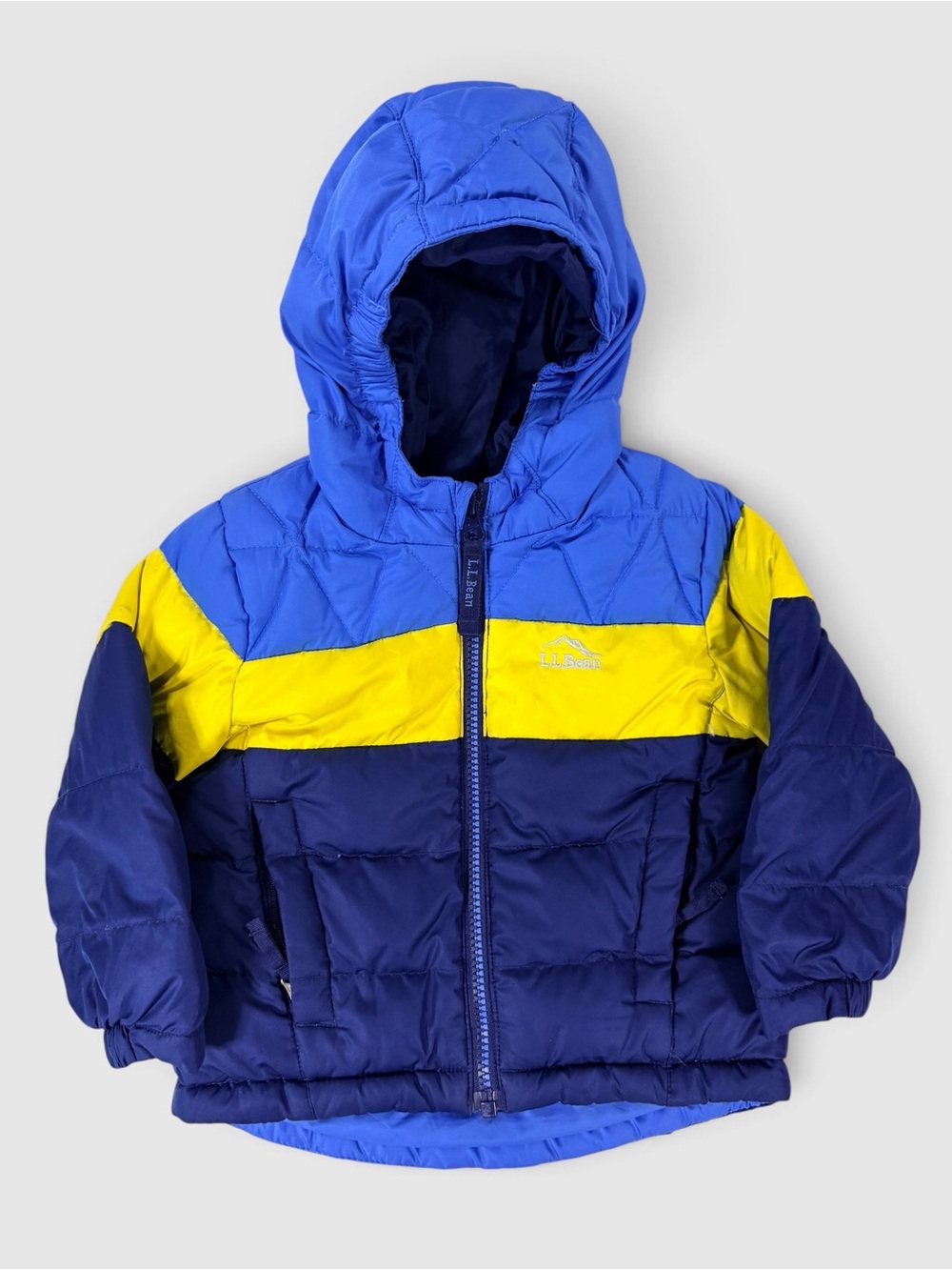 LL Bean Bean's Down Colorblock Puffer Jacket Toddler 2T Blue Yellow Hooded